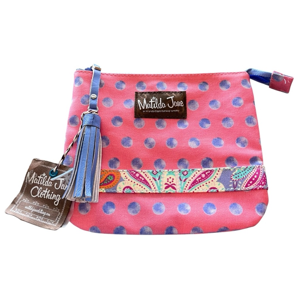 NWT MATILDA JANE Cosmetic
Make Up Travel Pouch Bag Polka Dot Salmon Pink/Blue